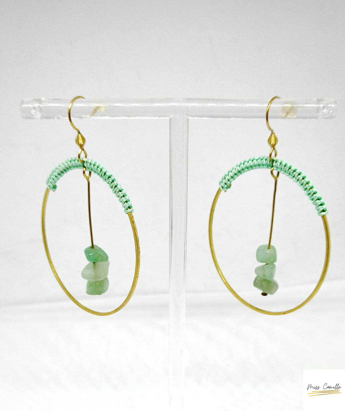 Boucles d'oreille Ezia Miss Camille - créoles dorées, macramé vert, aventurine